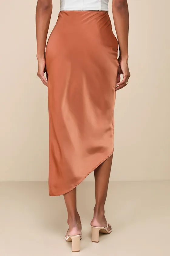Contemporary Cutie Brown Satin High-Rise Asymmetrical Midi Skirt sold by Lulus product image thumbnail 3
