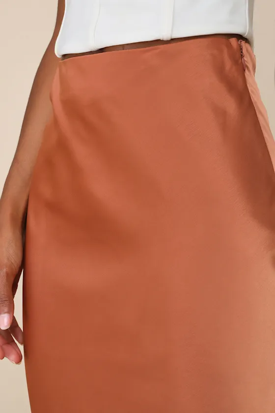 Contemporary Cutie Brown Satin High-Rise Asymmetrical Midi Skirt sold by Lulus product image thumbnail 4