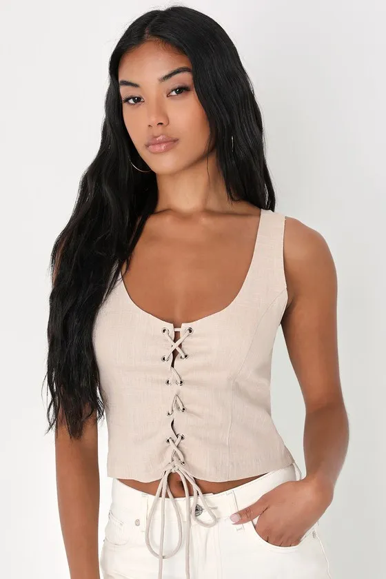 Trendy Treasure Taupe Lace-Up Cropped Corset Tank Top sold by Lulus