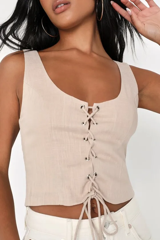 Trendy Treasure Taupe Lace-Up Cropped Corset Tank Top sold by Lulus product image thumbnail 3