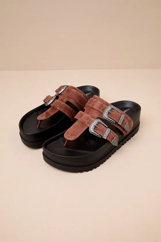 Nyra Cognac Suede Leather Thong Buckle Flatform Sandals sold by Lulus product image thumbnail 2