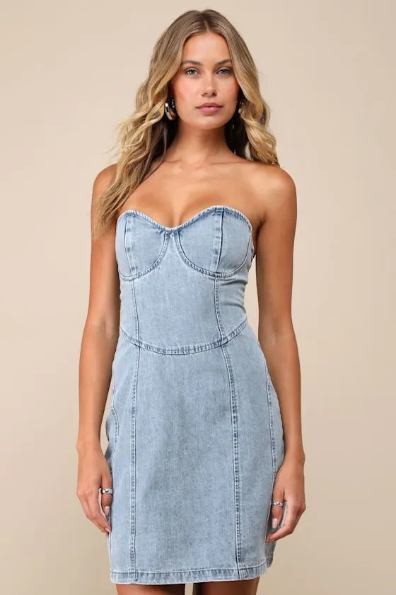 Trending Take Light Wash Denim Strapless Bustier Mini Dress sold by Lulus