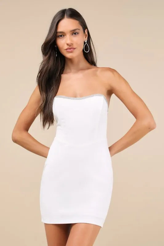 Sparkly Finesse White Rhinestone Strapless Bustier Mini Dress sold by Lulus