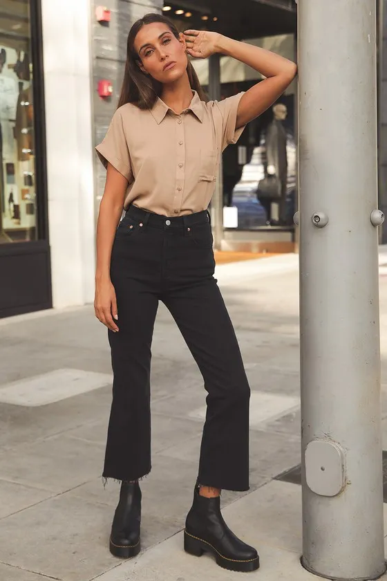 Blythe Beige Short Sleeve Button-Up Top sold by Lulus product image thumbnail 2