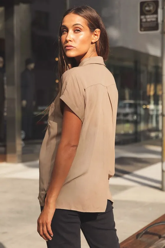 Blythe Beige Short Sleeve Button-Up Top sold by Lulus product image thumbnail 4
