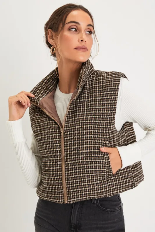 Cloud Nine Cutie Brown Houndstooth Cropped Puffer Vest sold by Lulus