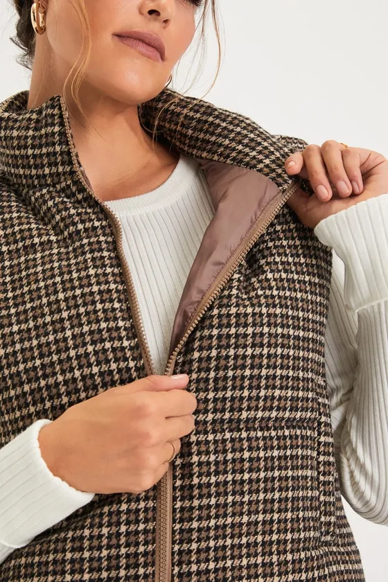 Cloud Nine Cutie Brown Houndstooth Cropped Puffer Vest sold by Lulus product image thumbnail 4