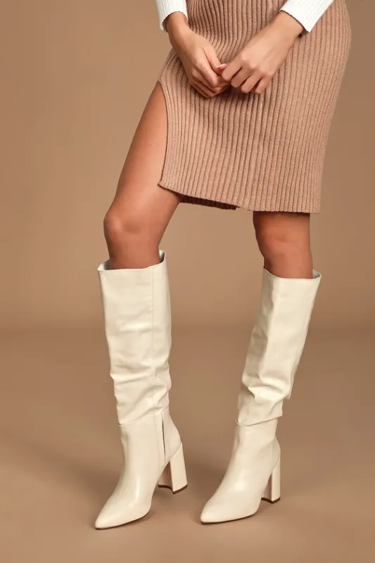 Katari Off White Pointed-Toe Knee High Boots sold by Lulus
