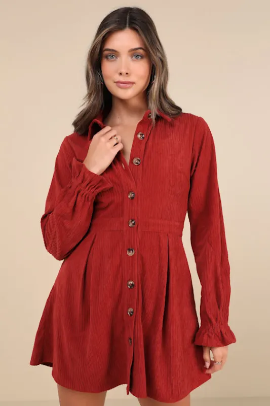 Autumn Mood Rust Red Corduroy Mini Dress With Pockets sold by Lulus