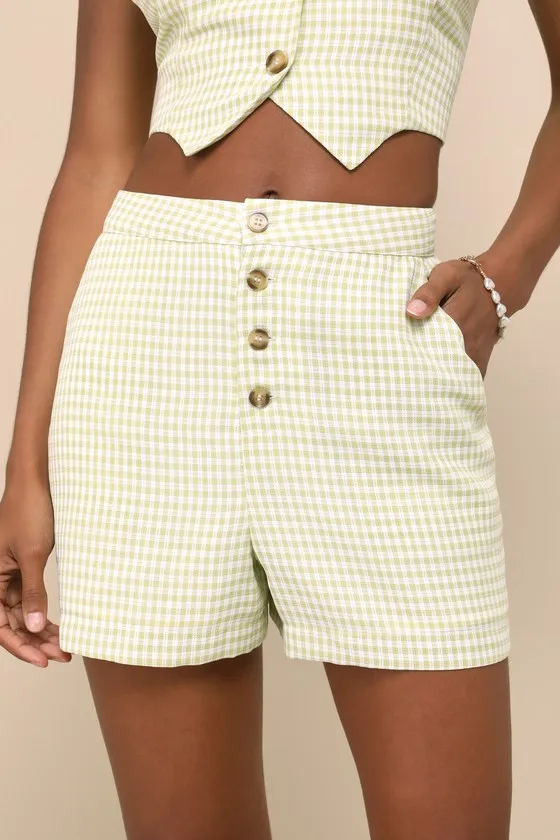 Summery Darling White and Light Green Gingham Button Fly Shorts sold by Lulus product image thumbnail 2