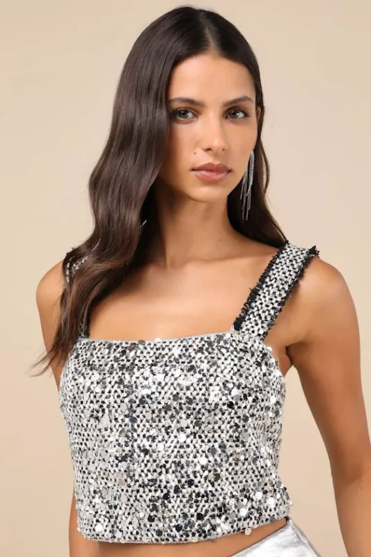 Aesthetically Chic Ivory and Black Tweed Sequin Cropped Tank Top sold by Lulus