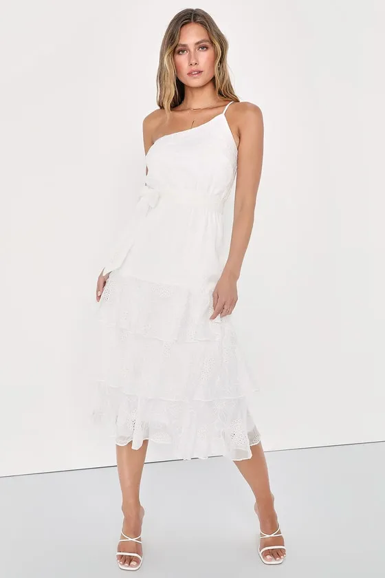 Gorgeous Impression White Embroidered One-Shoulder Midi Dress sold by Lulus