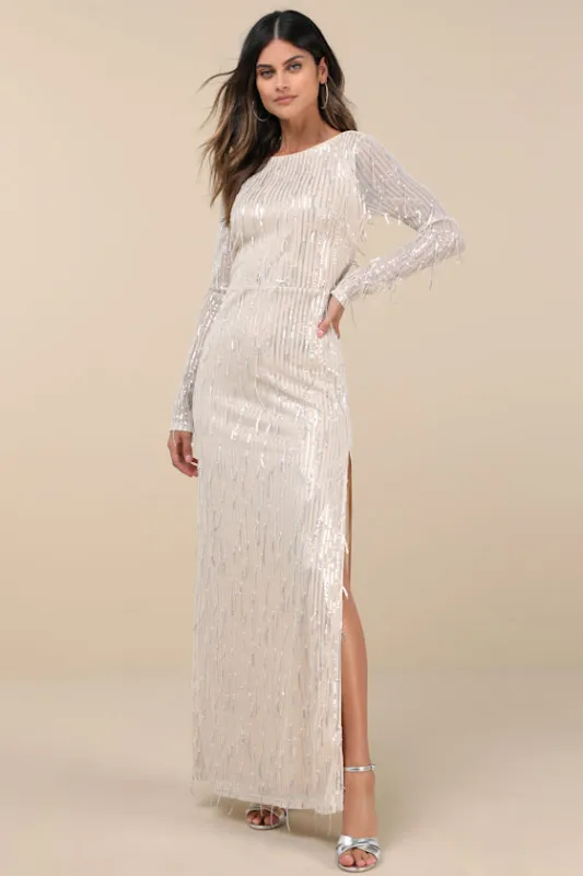 Glittery Devotion Champagne Sequin Fringe Maxi Dress sold by Lulus