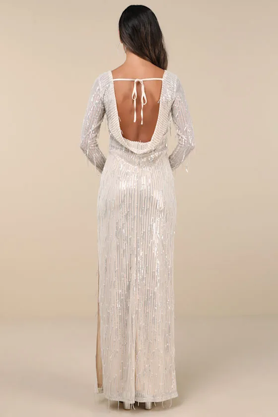 Glittery Devotion Champagne Sequin Fringe Maxi Dress sold by Lulus product image thumbnail 2