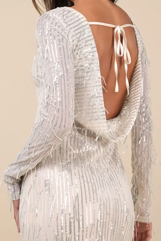 Glittery Devotion Champagne Sequin Fringe Maxi Dress sold by Lulus product image thumbnail 4