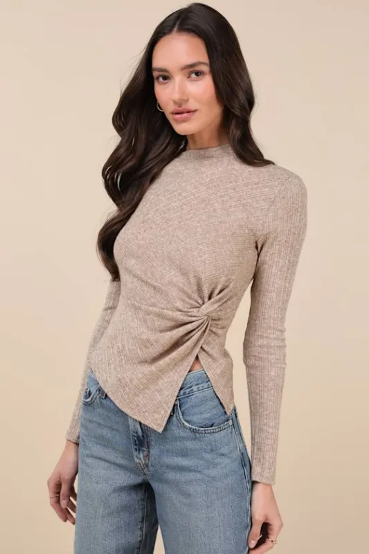 Trendy Minimalist Heathered Tan Ribbed Knotted Top made by Lulus