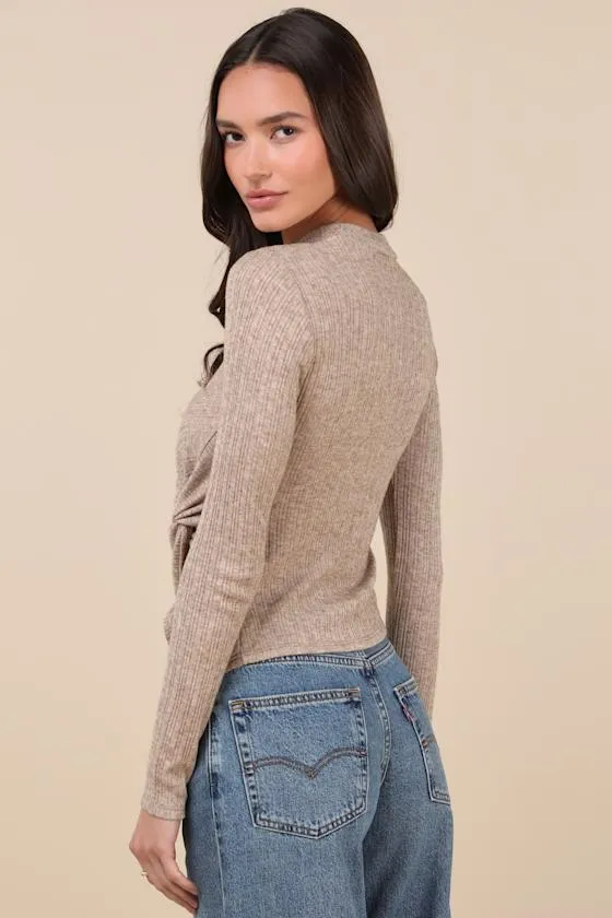 Trendy Minimalist Heathered Tan Ribbed Knotted Top sold by Lulus product image thumbnail 2