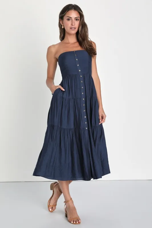 Sweetness and Sunshine Navy Strapless Midi Dress With Pockets sold by Lulus