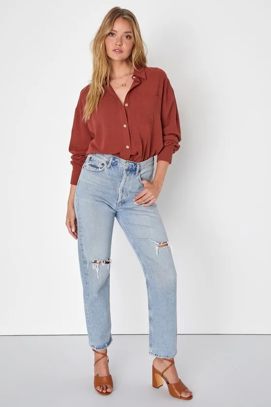 Contemporary Charisma Rust Brown Long Sleeve Button-Up Top sold by Lulus product image thumbnail 2