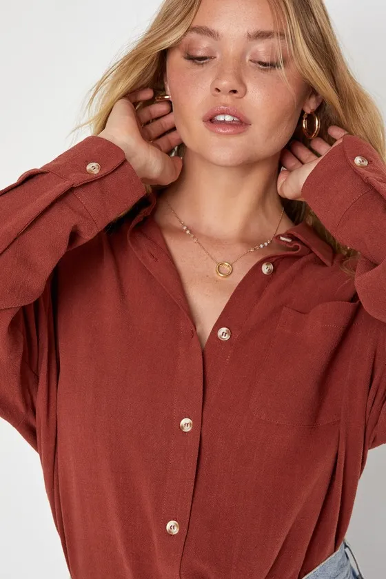 Contemporary Charisma Rust Brown Long Sleeve Button-Up Top sold by Lulus product image thumbnail 4