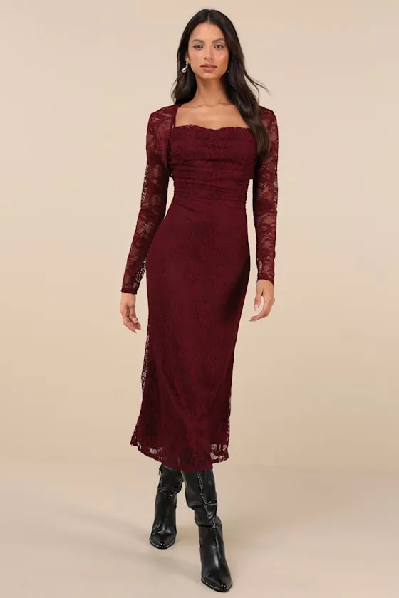 Certainly Iconic Burgundy Lace Midi Dress and Shrug Set sold by Lulus