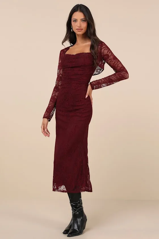 Certainly Iconic Burgundy Lace Midi Dress and Shrug Set sold by Lulus product image thumbnail 2