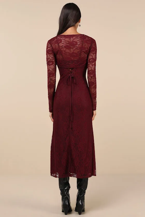 Certainly Iconic Burgundy Lace Midi Dress and Shrug Set sold by Lulus product image thumbnail 3