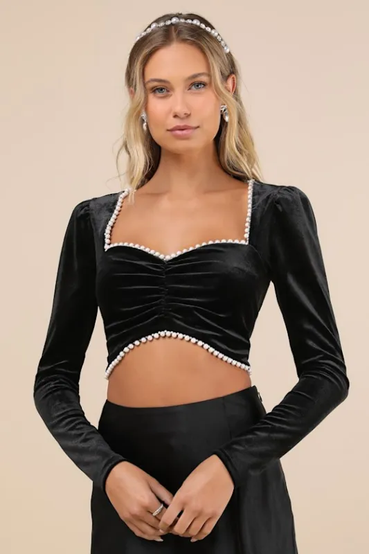 Opulent Moment Black Velvet Beaded Long Sleeve Crop Top sold by Lulus