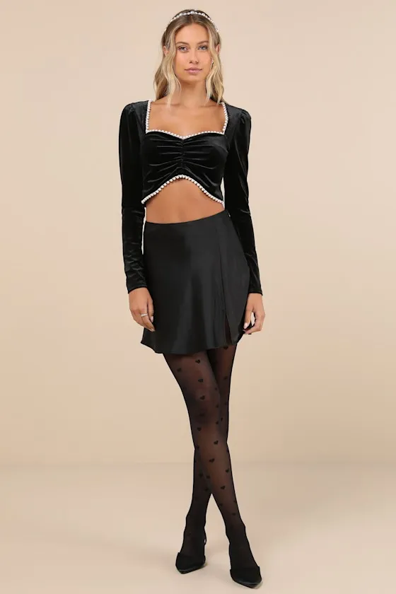 Opulent Moment Black Velvet Beaded Long Sleeve Crop Top sold by Lulus product image thumbnail 3