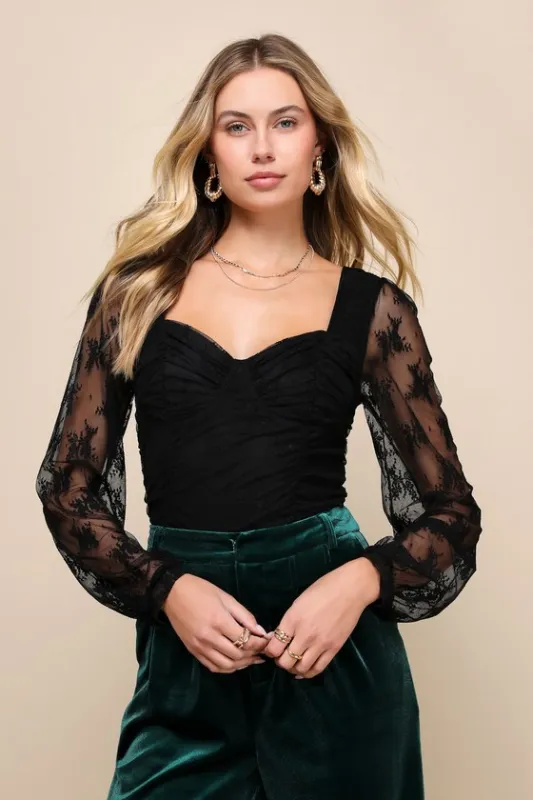Simply Flirtatious Black Lace Long Sleeve Bustier Bodysuit sold by Lulus