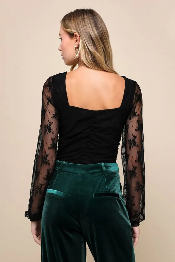 Simply Flirtatious Black Lace Long Sleeve Bustier Bodysuit sold by Lulus product image thumbnail 3