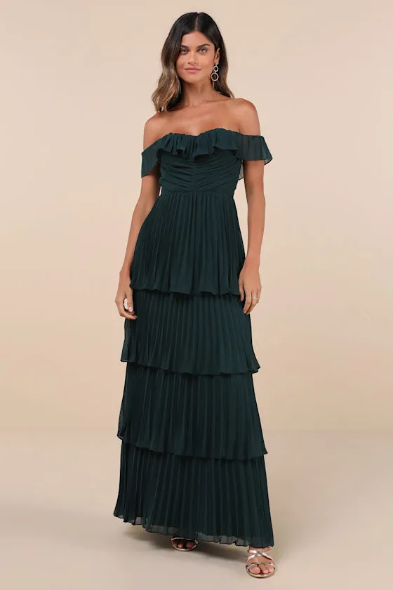 Always Remarkable Emerald Pleated Off-the-Shoulder Maxi Dress sold by Lulus