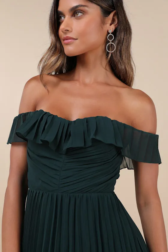 Always Remarkable Emerald Pleated Off-the-Shoulder Maxi Dress sold by Lulus product image thumbnail 4