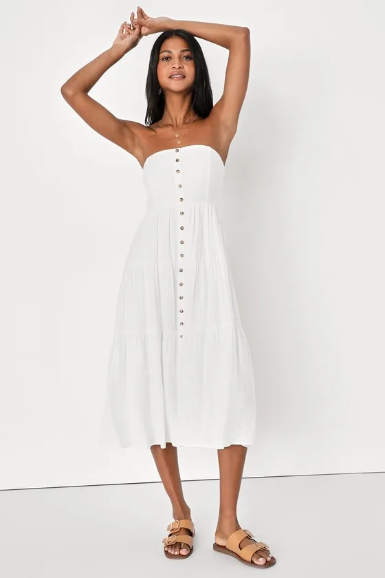 Sweetness and Sunshine White Strapless Midi Dress With Pockets sold by Lulus