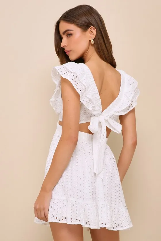 Blissful Sunshine White Eyelet Embroidered Backless Mini Dress sold by Lulus product image thumbnail 4