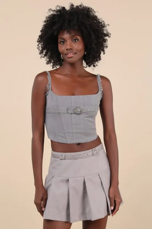 Perfect Bustier Ever Grey Ruffled Buckle Lace-Up Bustier Top sold by Lulus