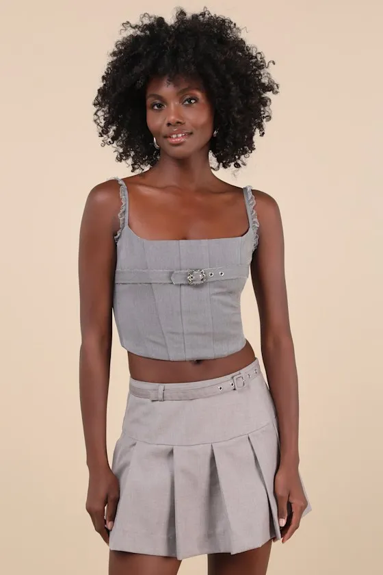 Perfect Bustier Ever Grey Ruffled Buckle Lace-Up Bustier Top sold by Lulus
