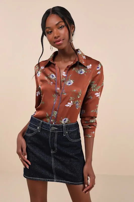Elevated Bliss Brown Floral Satin Button-Up Long Sleeve Top sold by Lulus