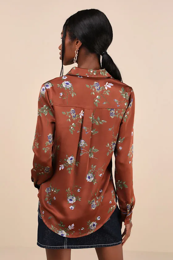 Elevated Bliss Brown Floral Satin Button-Up Long Sleeve Top sold by Lulus product image thumbnail 2