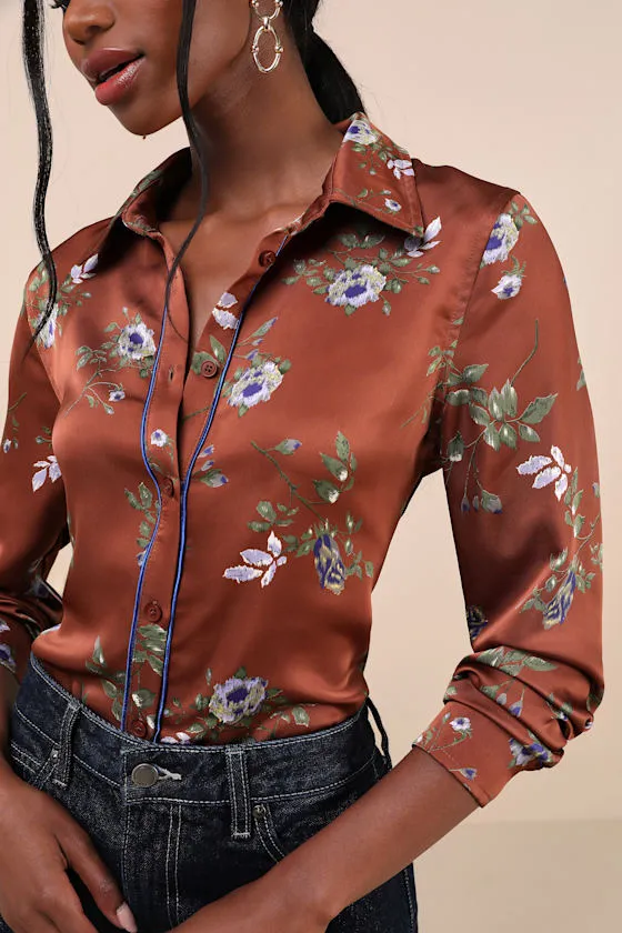 Elevated Bliss Brown Floral Satin Button-Up Long Sleeve Top sold by Lulus product image thumbnail 4