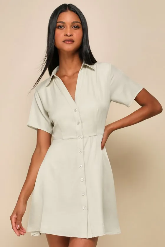 Pleasant Darling Beige Short Sleeve Button-Up Mini Dress sold by Lulus