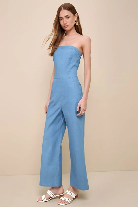 Lovely Sunshine Medium Wash Strapless Straight Leg Jumpsuit sold by Lulus