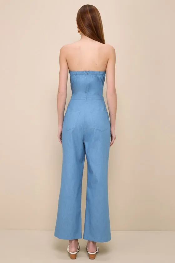 Lovely Sunshine Medium Wash Strapless Straight Leg Jumpsuit sold by Lulus product image thumbnail 2