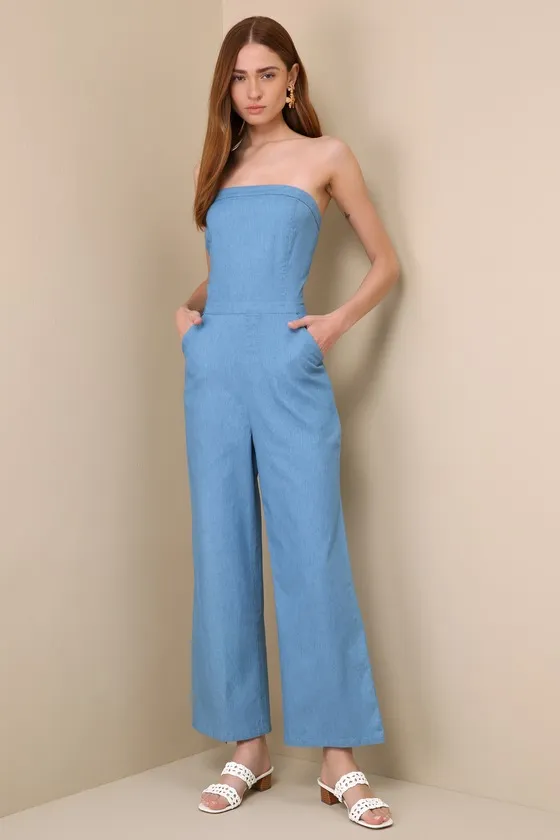 Lovely Sunshine Medium Wash Strapless Straight Leg Jumpsuit sold by Lulus product image thumbnail 4