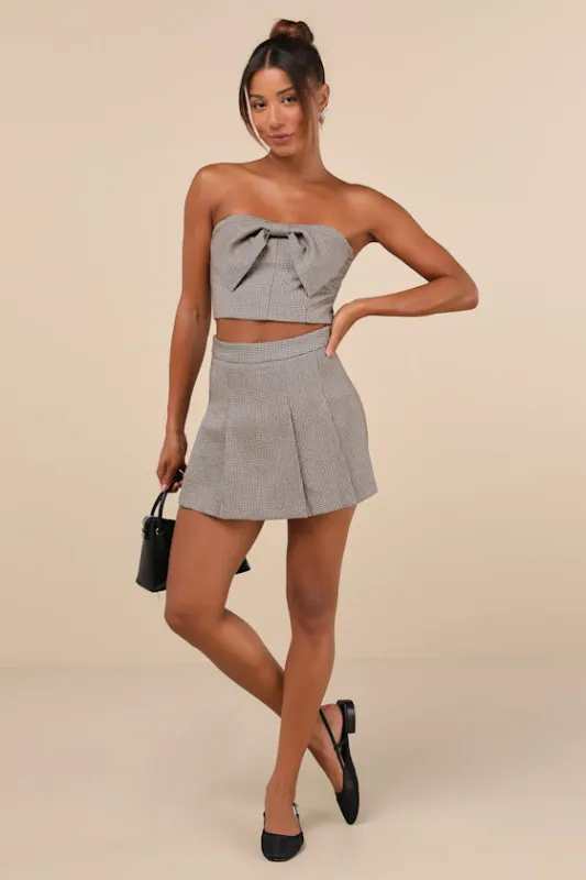 Flirtatious Darling Brown Houndstooth Tweed Box Pleated Skort sold by Lulus