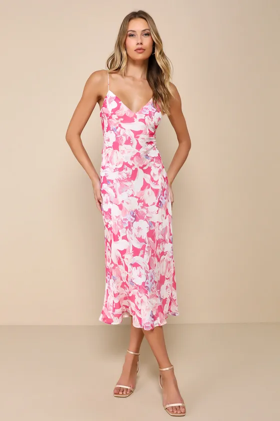 Radiant Confidence Hot Pink Floral Chiffon Lace-Up Midi Dress sold by Lulus