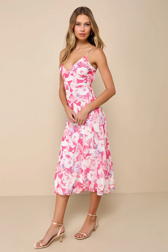 Radiant Confidence Hot Pink Floral Chiffon Lace-Up Midi Dress sold by Lulus product image thumbnail 3