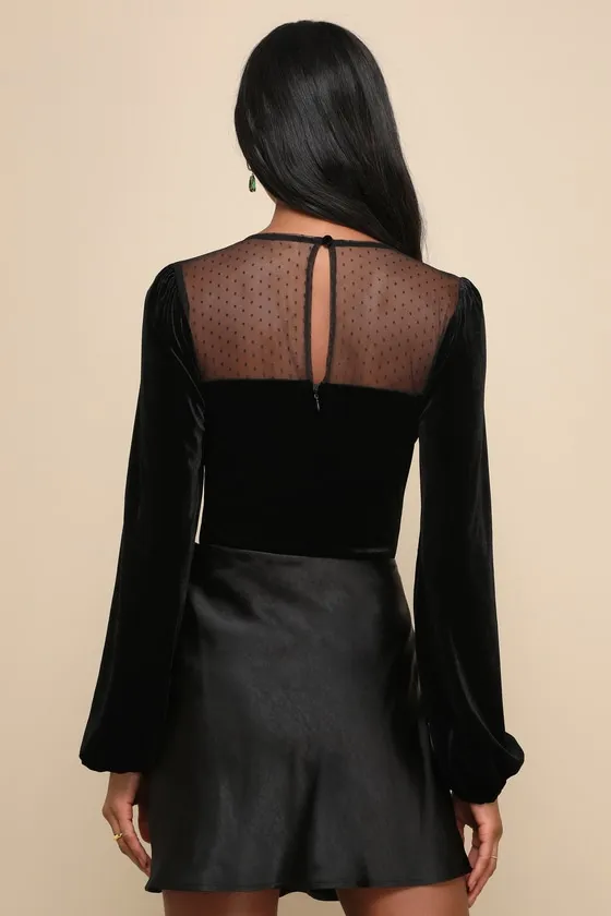 Sweetest Flirt Black Velvet Mesh Swiss Dot Long Sleeve Bodysuit sold by Lulus product image thumbnail 3