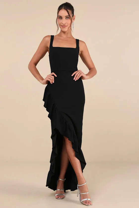 Immaculate Excellence Black Sleeveless Ruffled Tulip Maxi Dress sold by Lulus