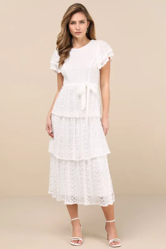 Whimsical Spirit Ivory Lace Tiered Backless Midi Dress sold by Lulus